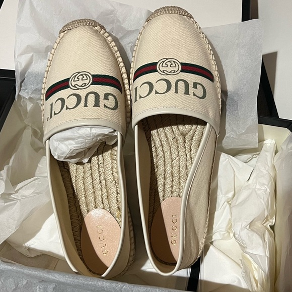 New Gucci canvas logo print canvas espadrilles flats - Picture 8 of 9